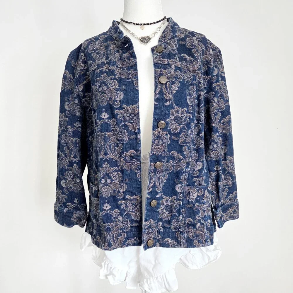 Y2K Floral Tapestry Denim Jacket Size 12 Blue‎ Boho Hippie Indie Western Vintage